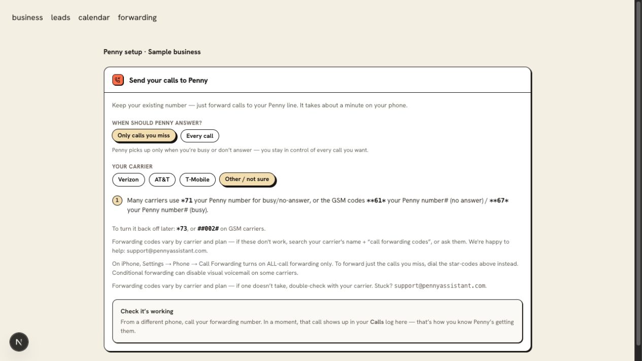 other carriers and landlines selected in Penny’s forwarding controls